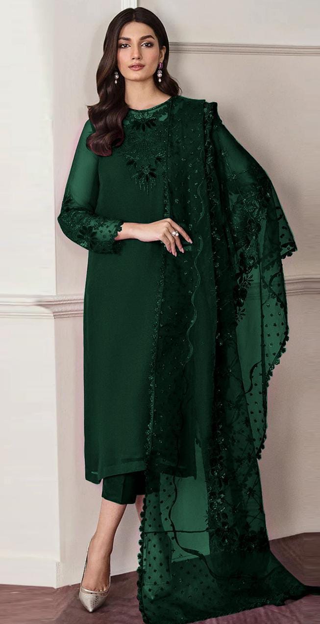 Baroque Bottle Green Chiffon Formal & Party Wear Collection 4pc SC 1034 Baroque Bottle Green Chiffon Formal & Party Wear Collection 4pc SC 1034