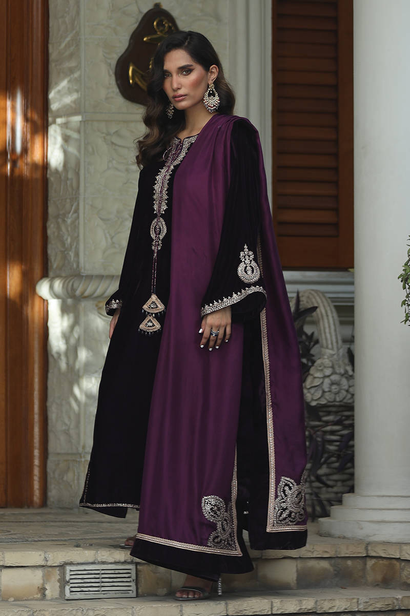 Farida Hasan Purple Velvet Hand Work Collection 3piece Unsitched