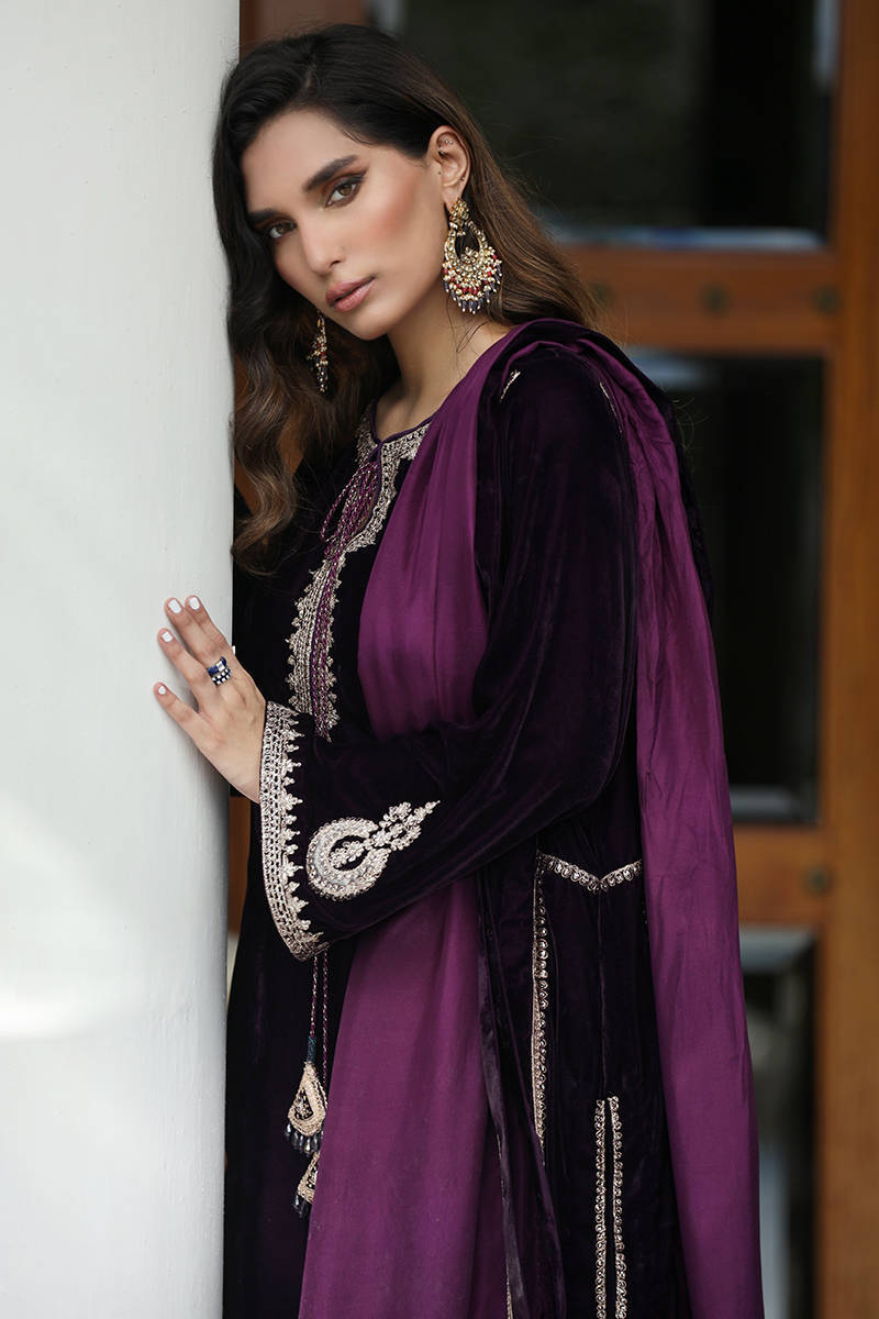 Farida Hasan Purple Velvet Hand Work Collection 3piece Unsitched