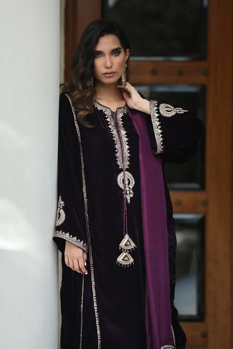 Farida Hasan Purple Velvet Hand Work Collection 3piece Unsitched