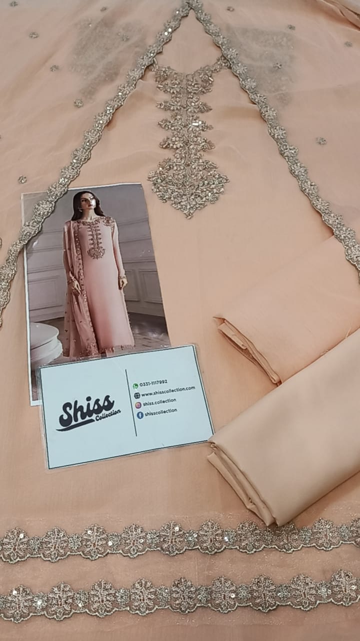 Iznik Tea Pink Chiffon Embroidery Hand Work 3Piece Unstitched