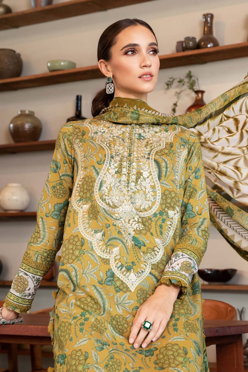 M.B Green printed Lawn Embroidery Duptta 3pc Unstitched Dress SC-1264