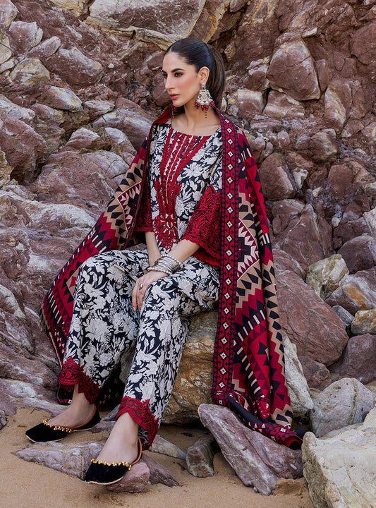 ZAINAB CHOTTANI BLACK & RED DIGITAL LAWN EMB NEW 3PC DRESS