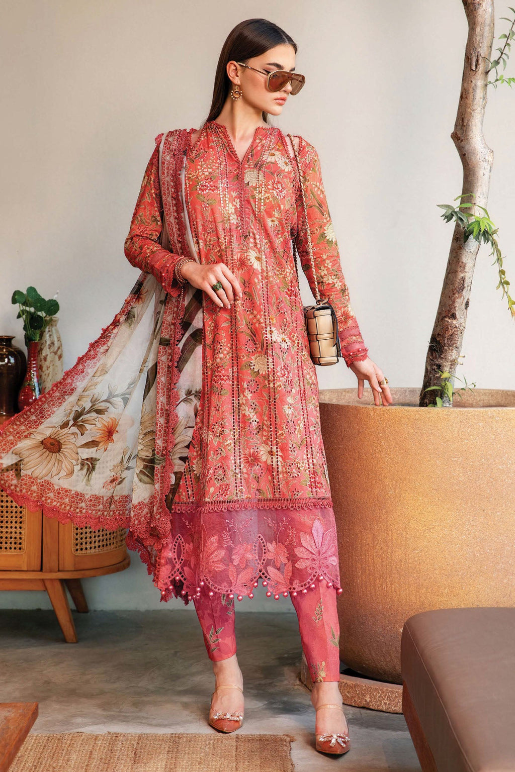 Maria B T Pink Lawn Shifle Chikankari Embroidery 3pc Unstitched SC-1281