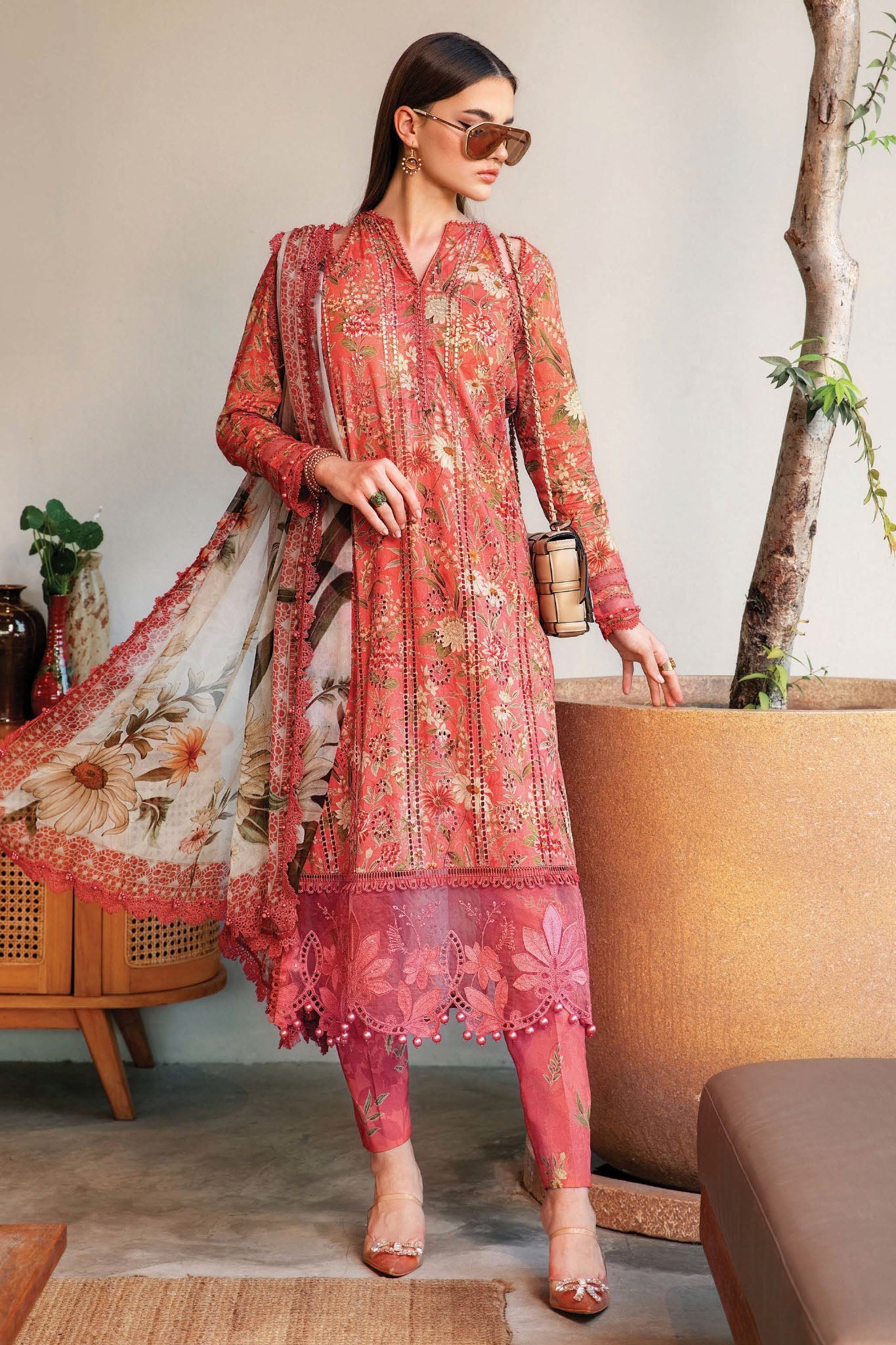 Maria B T Pink Lawn Shifle Chikankari Embroidery 3pc Unstitched SC-1281