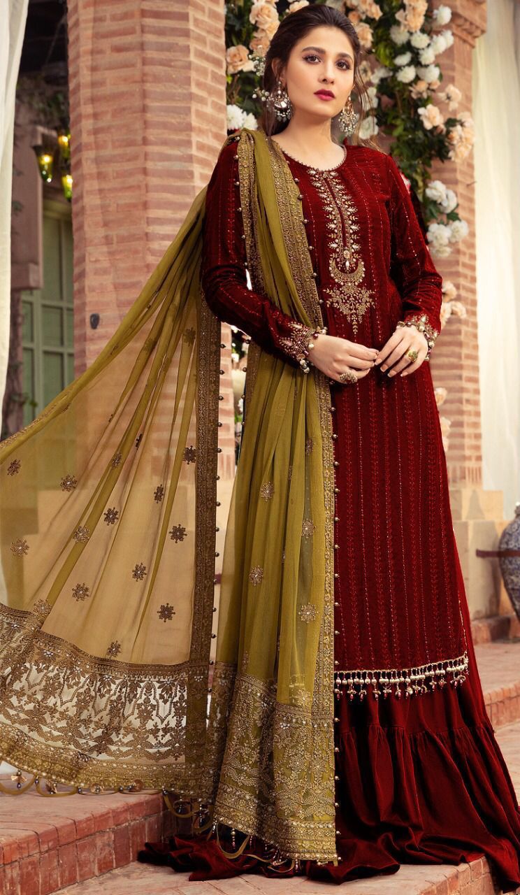 Sateen Maroon Chiffon Embroidey 3Piece Unstitched