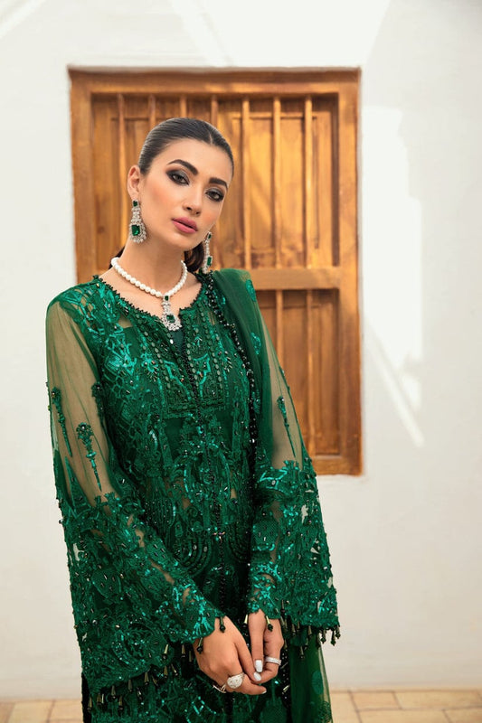 Maryam Hussain Bottle Green Chiffon Dress Formal Collection