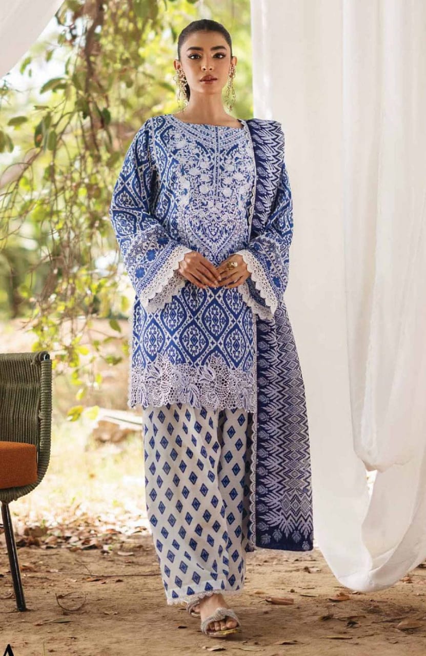 Z.C Blue Lawn Duptta Print Embroidery 3pc Unstitched SC-1272