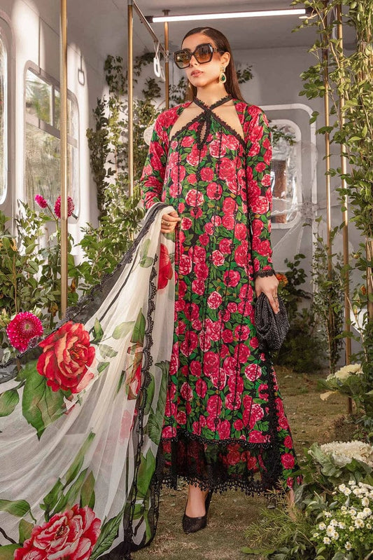 Maria B Roos Red Pure Lawn Silk Duptta Embroidery Dress 3pc