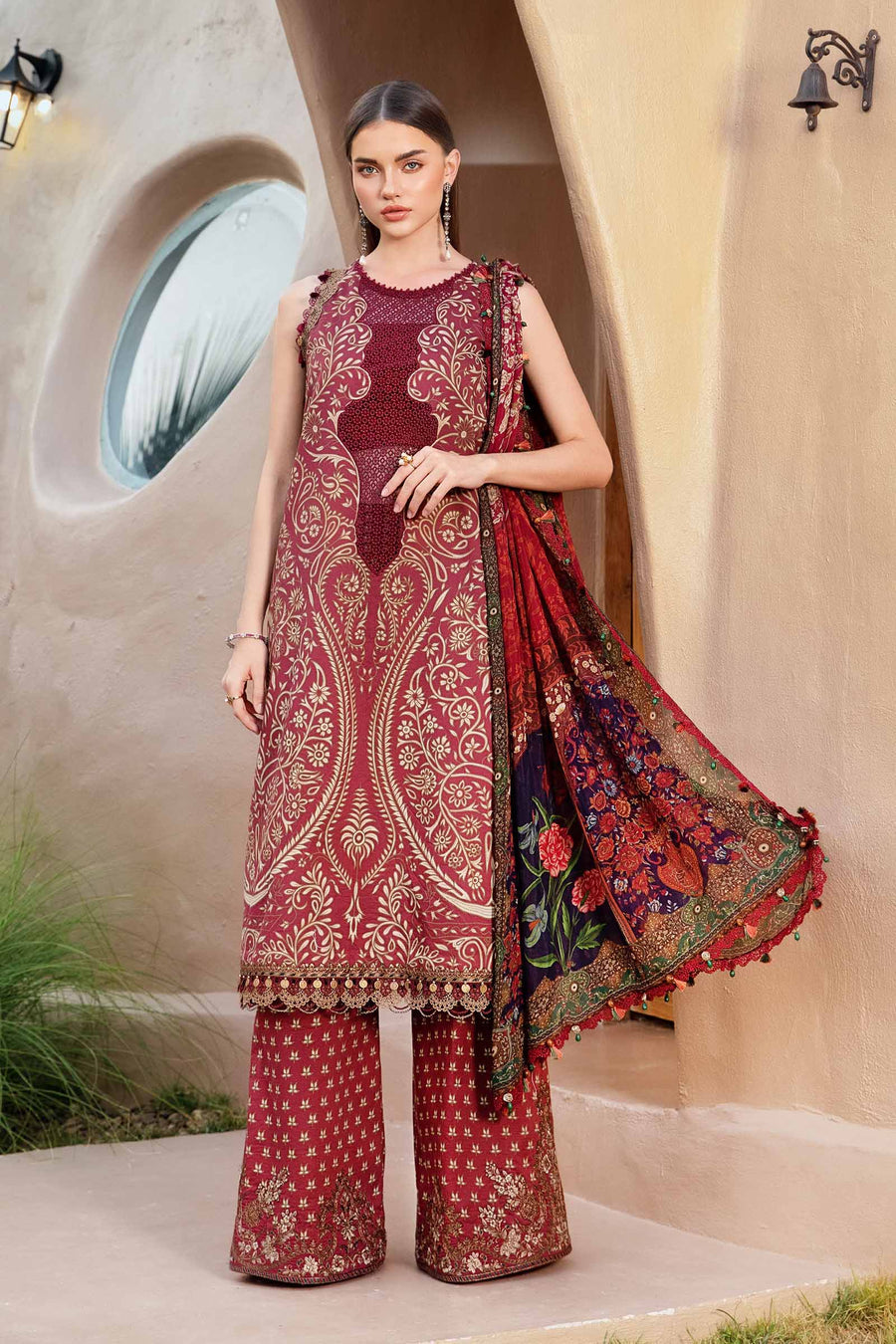 M.B Maroon Printed Lawn Embroidery New Arrival 3pc Unstitched SC-1258