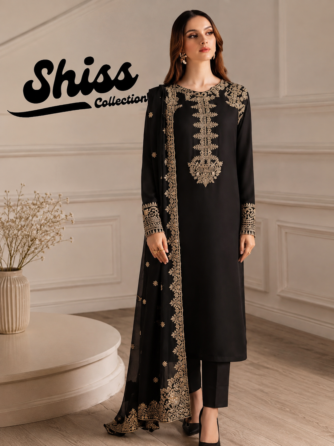 Iznik Black Luxury Chiffon Embroidery Hand Work 3Piece Unstitched