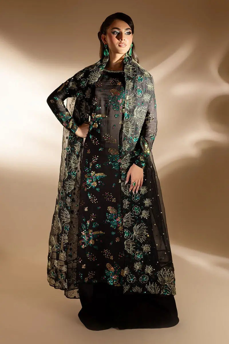 Nureh Chiffon Black Embroidered & Hand Embellished 3 Piece Unstitched
