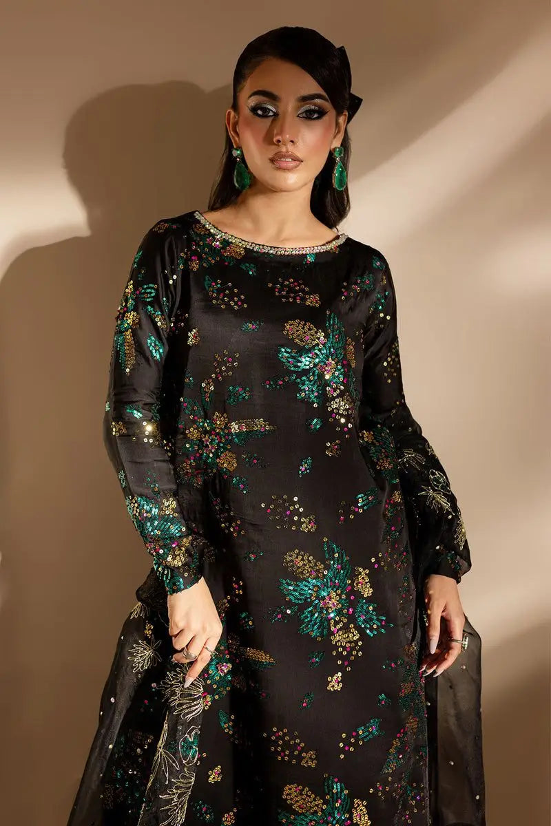 Nureh Chiffon Black Embroidered & Hand Embellished 3 Piece Unstitched
