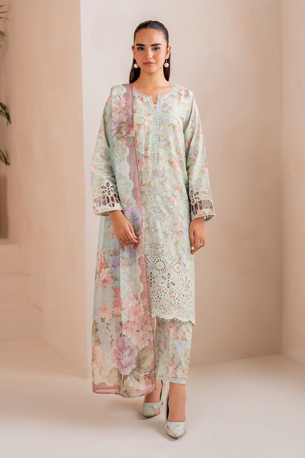 Baroque C Green Lawn Embroidery Chiffon Duptta 3pc Unstitched SC-1275