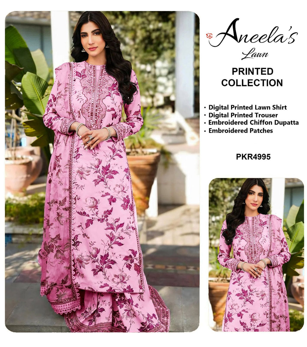 Aneela's Pink Luxury Lawn Embroidered 3Piece Unstitched