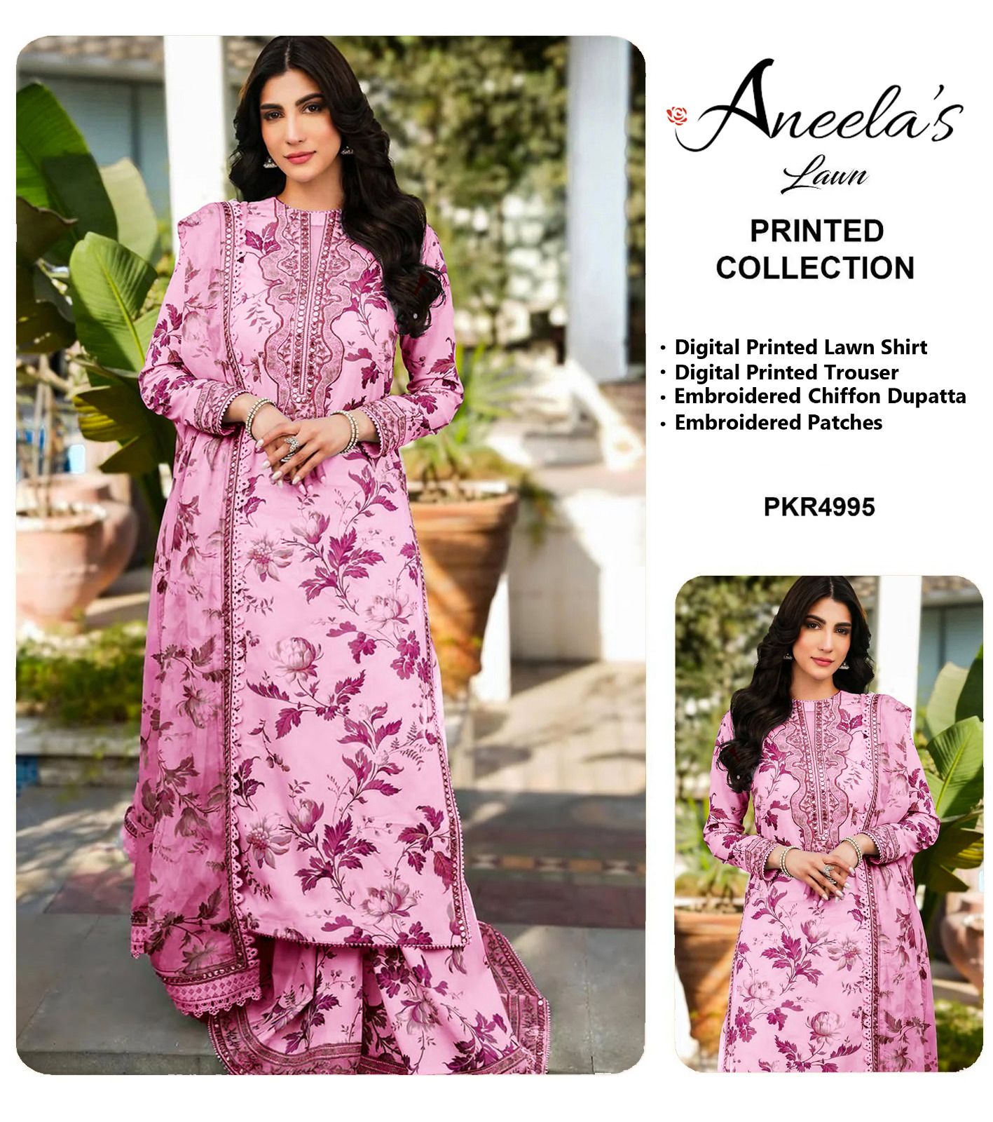 Aneela's Pink Luxury Lawn Embroidered 3Piece Unstitched