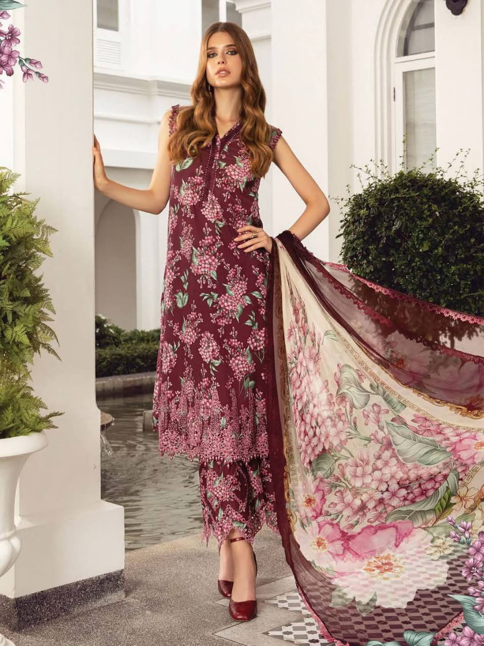 M.B Maroon Digital Printed Swiss with silk dupatta SC 1120