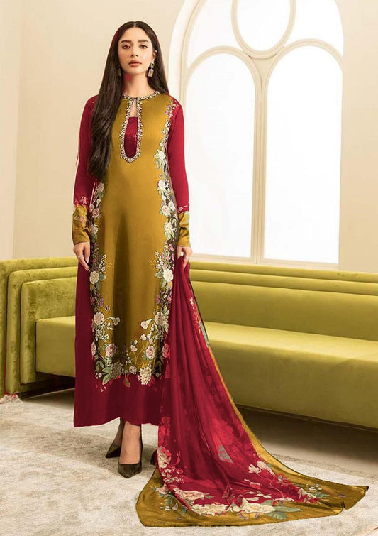 Lulusar Mustard & Maroon Silk Digital Hand Work Party Wear Collection 3pc