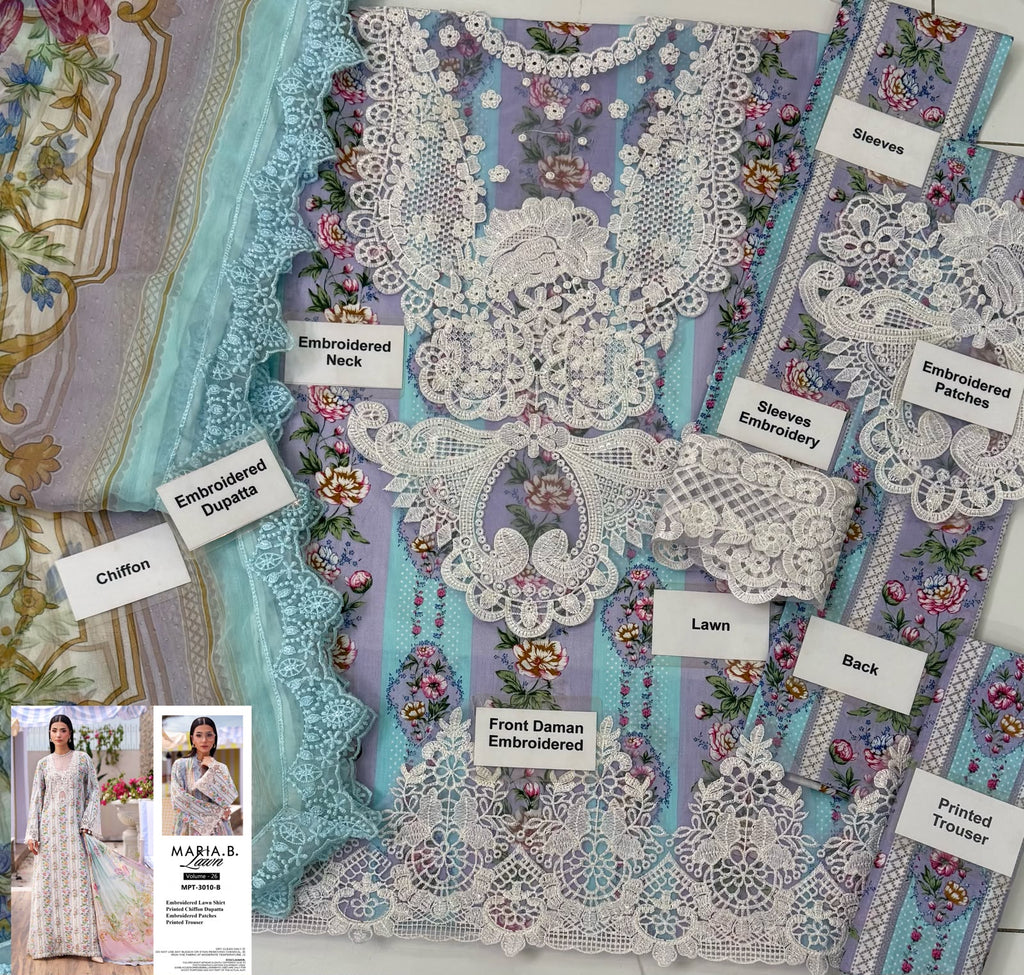 Maria B 10-B Blue Full Printed Lawn Summer'26 Embroidered 3Piece Unstitched