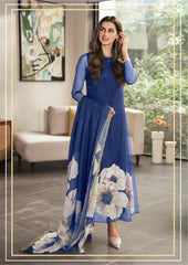 Lulusar Royal Blue Silk Digital Hand Work Party Wear Collection 3pc SC 1107