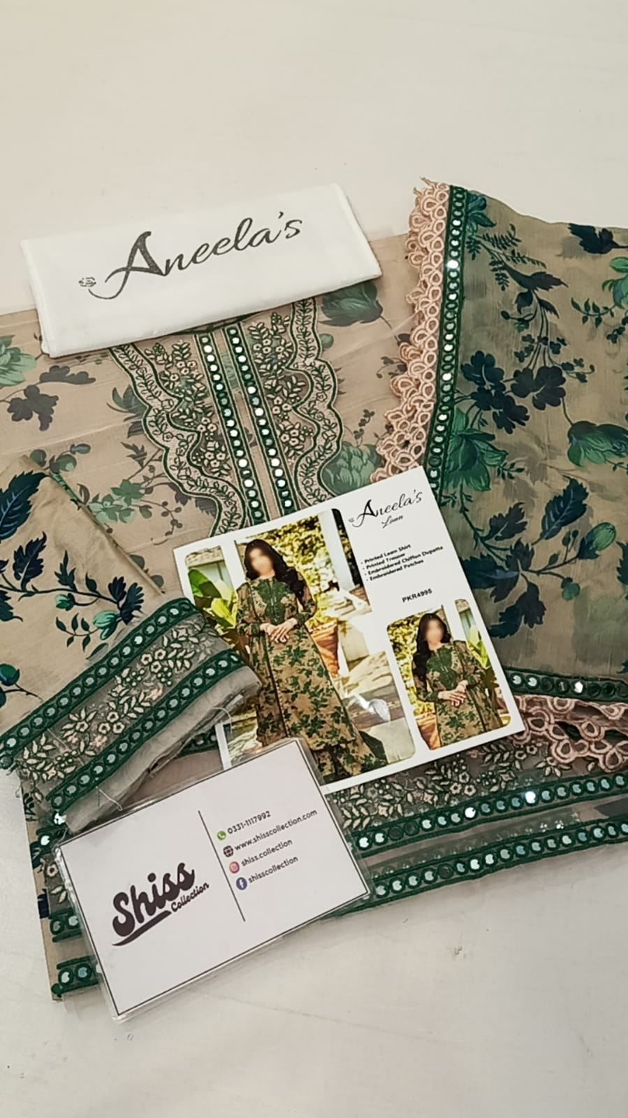 Aneela's Brown Green Print Luxury Lawn Embroidered 3Piece Unstitched