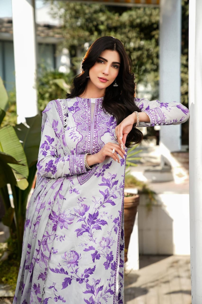 Aneela's Purple Luxury Lawn Embroidered 3Piece Unstitched  SC-1329
