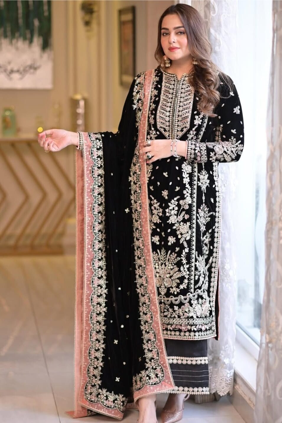 Aneela,s black Velvet Micro 9000 Embroidered 3piece Unstitched