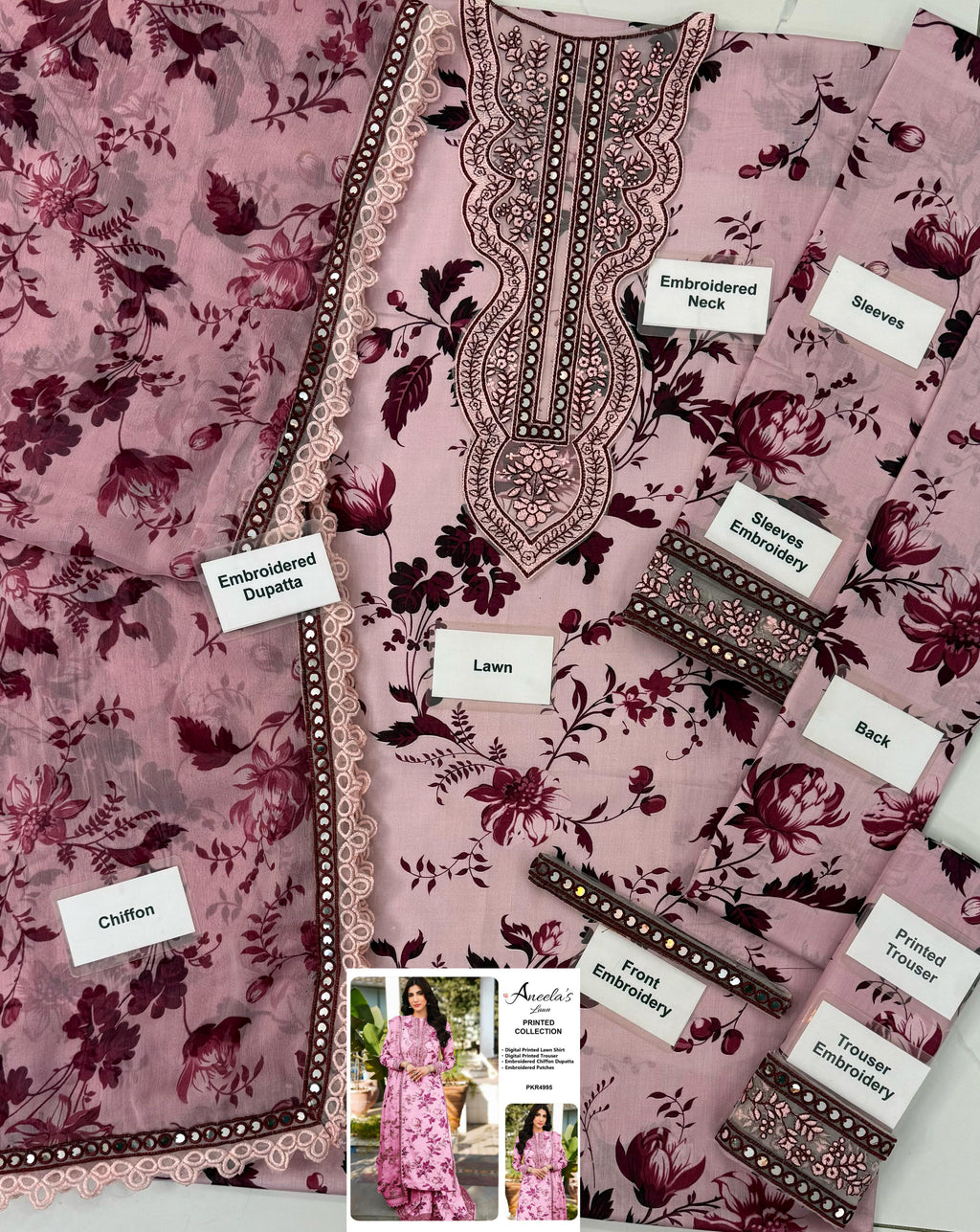 Aneela's Pink Luxury Lawn Embroidered 3Piece Unstitched