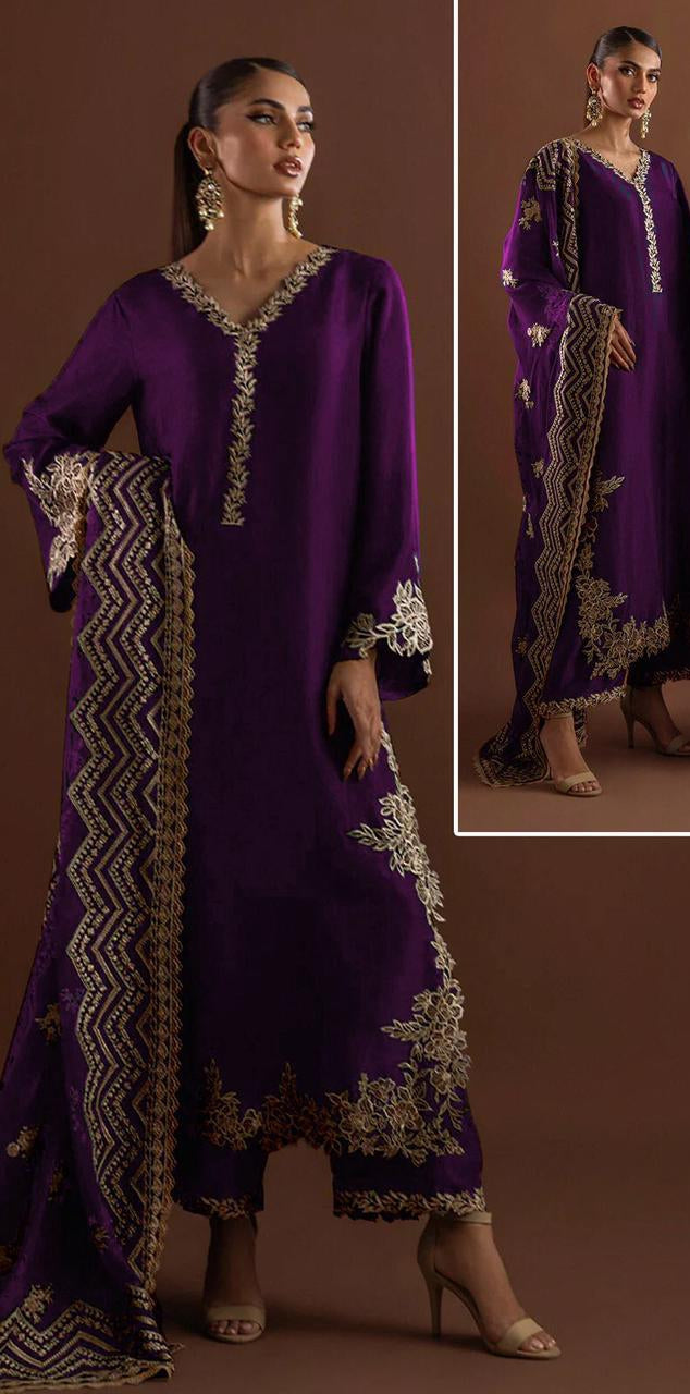 Zarsha Purple Silk Hand Work Party Wear Collection 3pc Unstitched  SC-1325