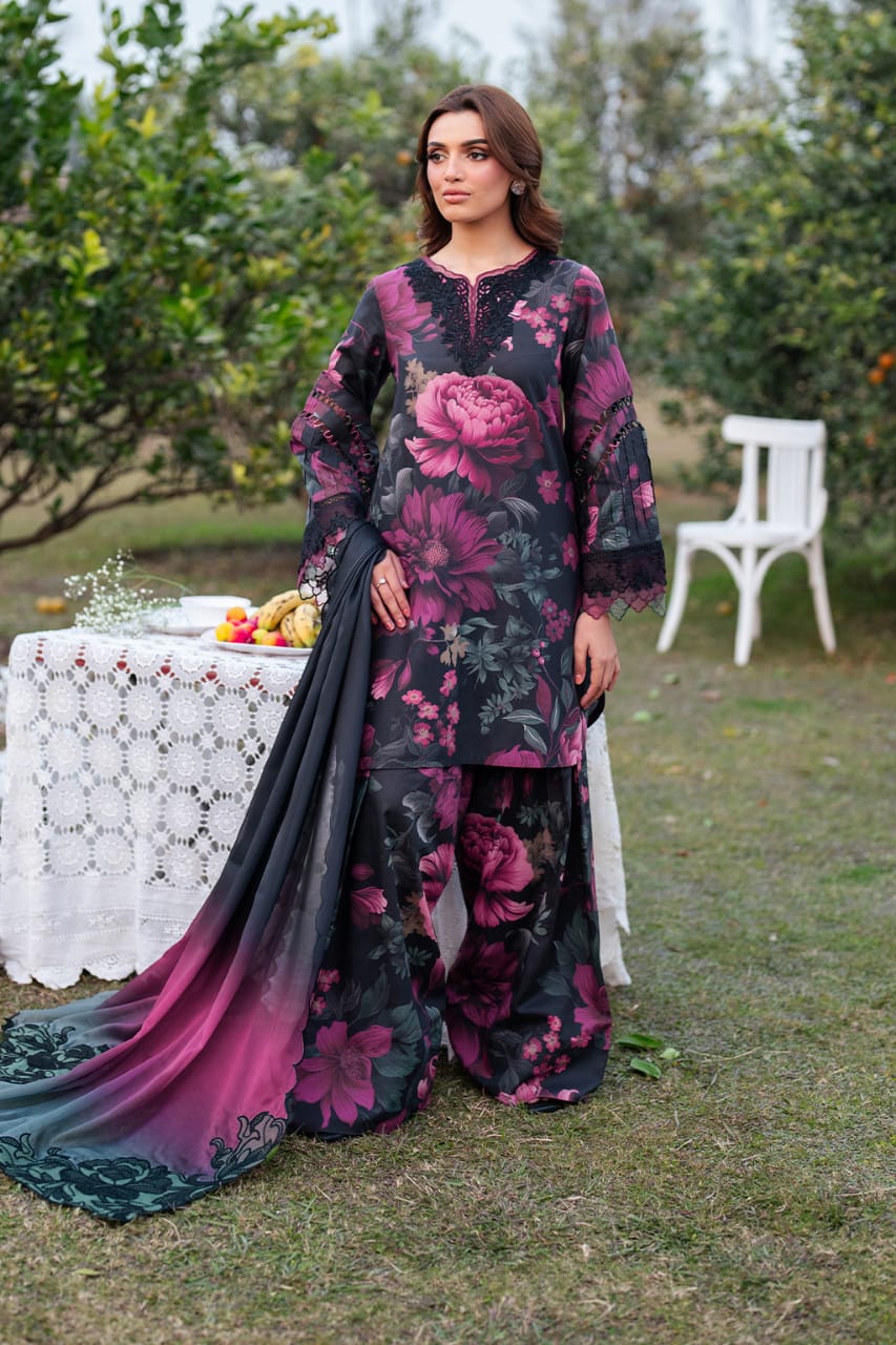 Iznik Black Purple Floral Digital Printed Lawn With Chiffon Duptta Emb Unstitched SC-1317