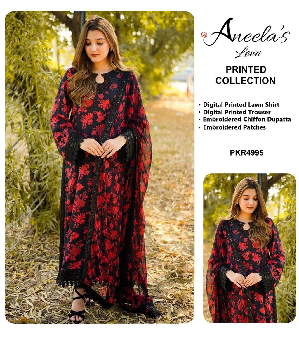Aneela's Maroon Black Luxury Lawn Embroidered 3Piece Unstitched
