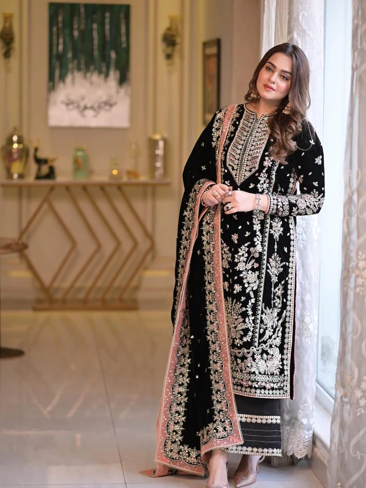 Aneela,s black Velvet Micro 9000 Embroidered 3piece Unstitched