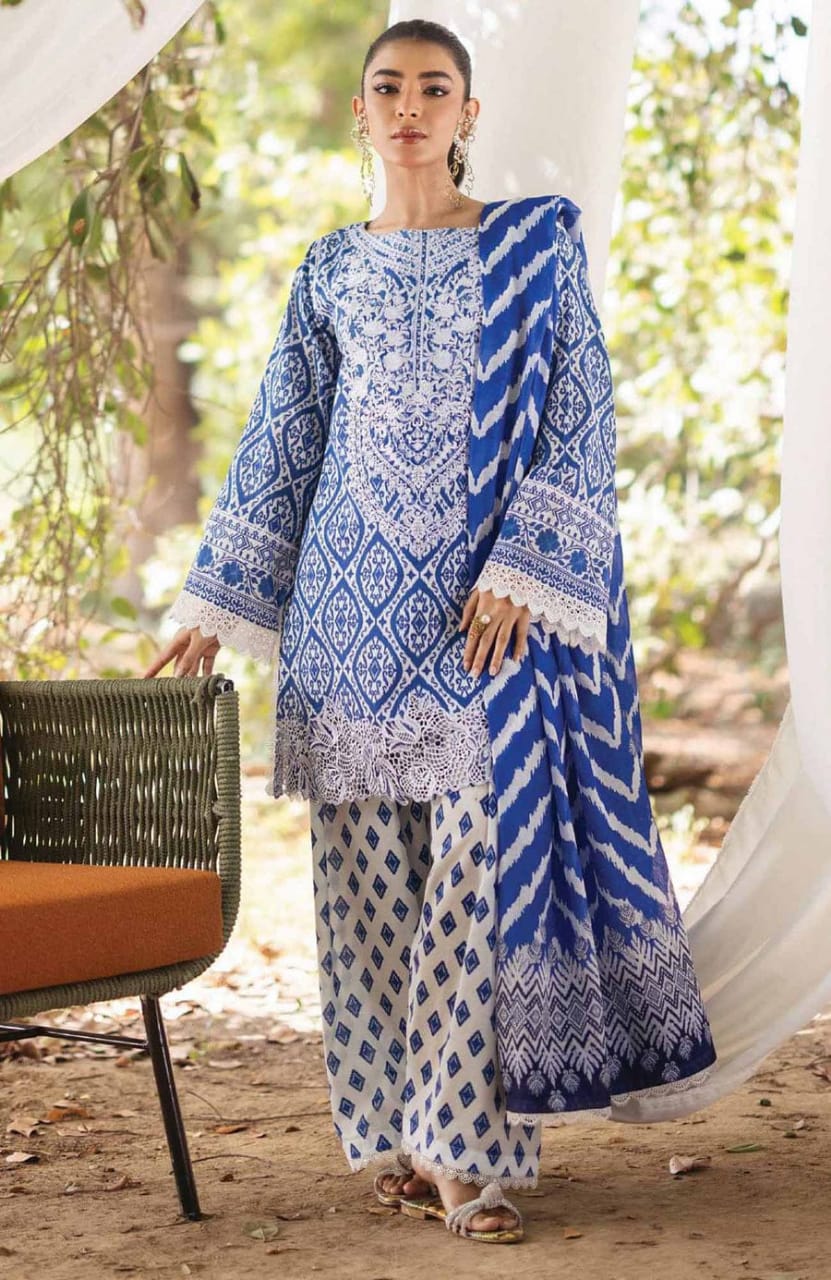 Z.C Blue Lawn Duptta Print Embroidery 3pc Unstitched SC-1272