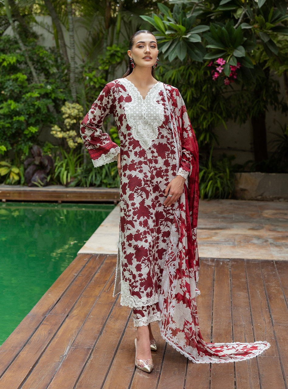 Zainab Chottani Gray Maroon Tahra Embroidered Lawn 3piece Unstitched