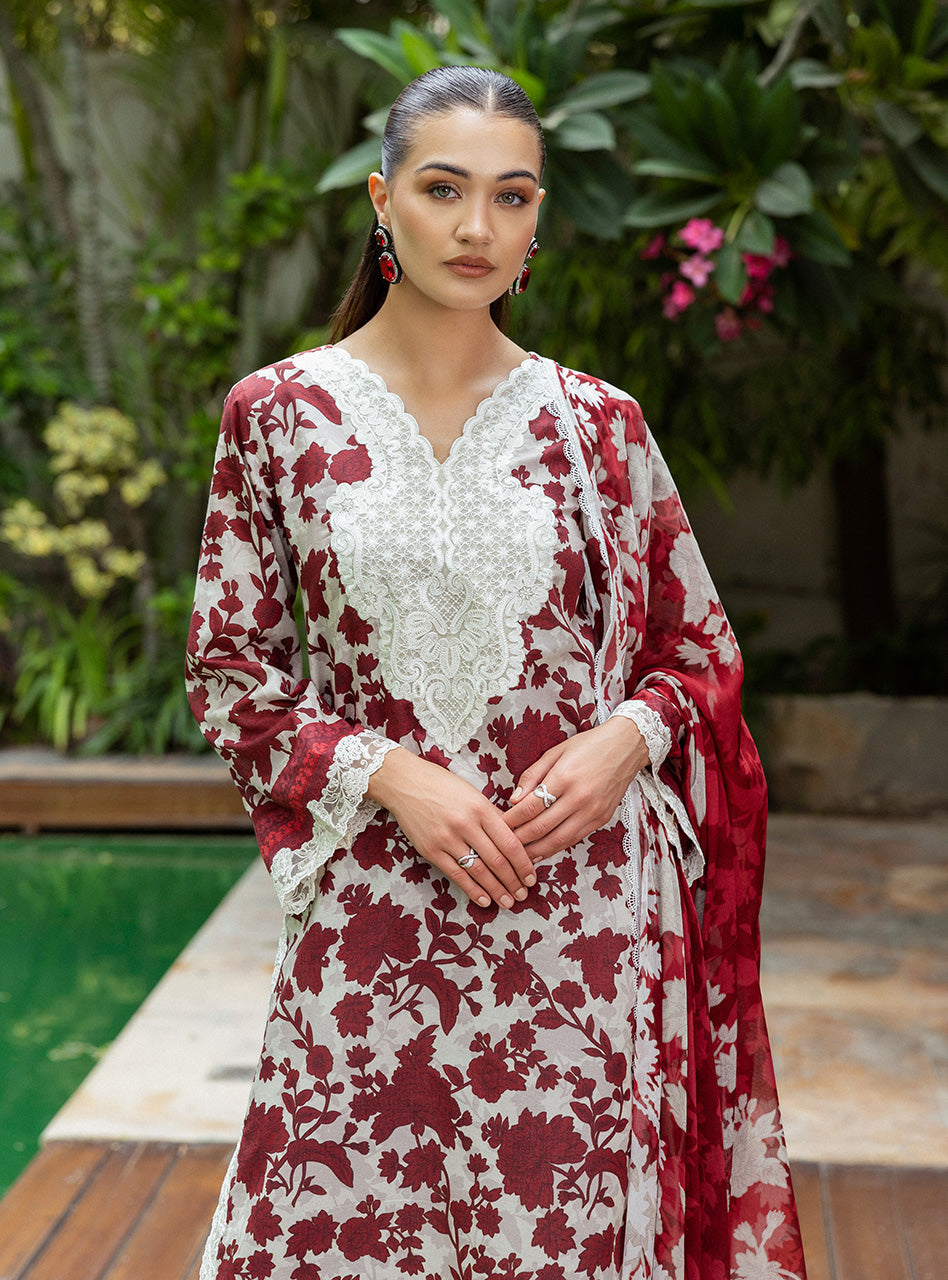 Zainab Chottani Gray Maroon Tahra Embroidered Lawn 3piece Unstitched
