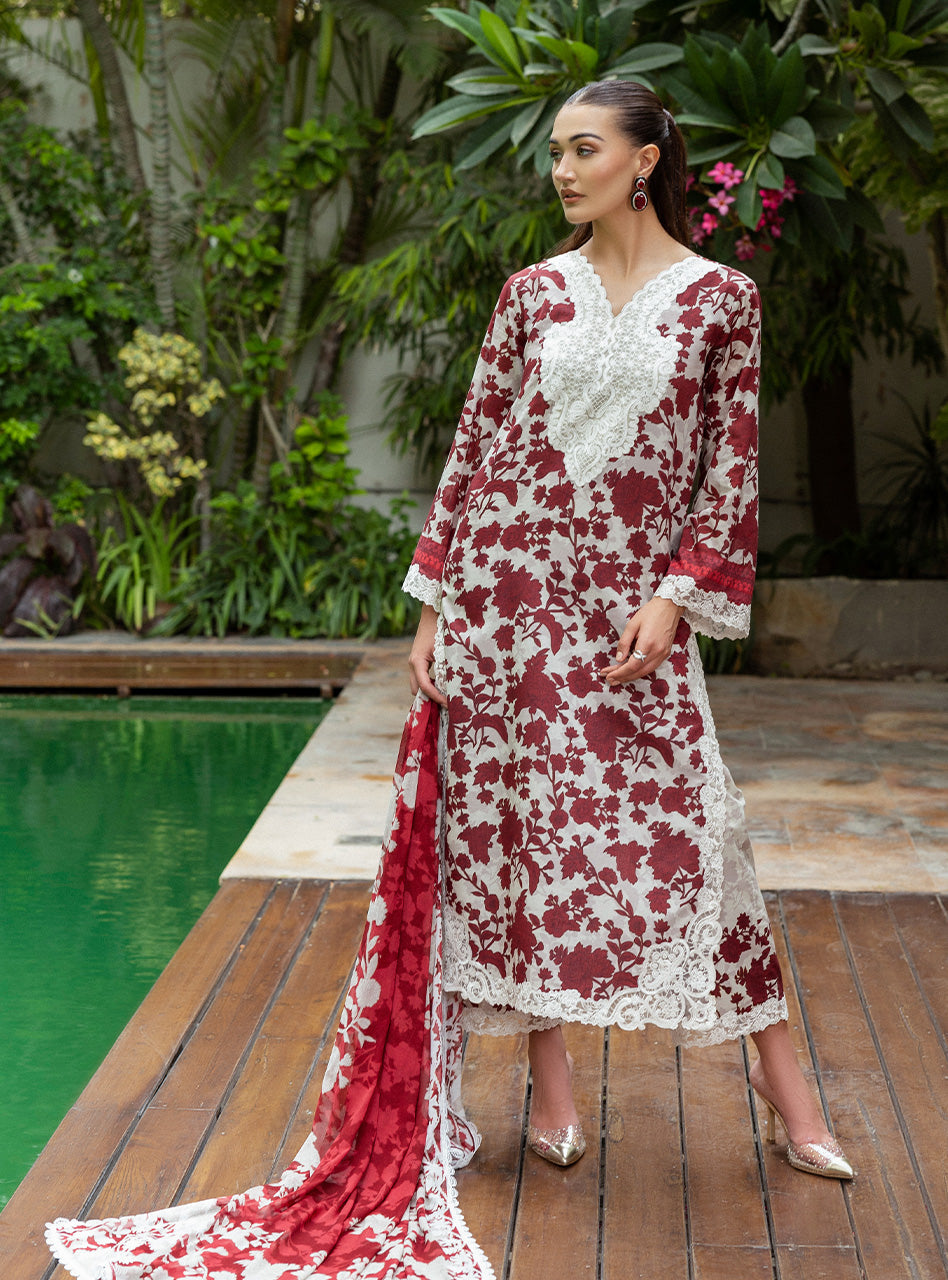 Zainab Chottani Gray Maroon Tahra Embroidered Lawn 3piece Unstitched