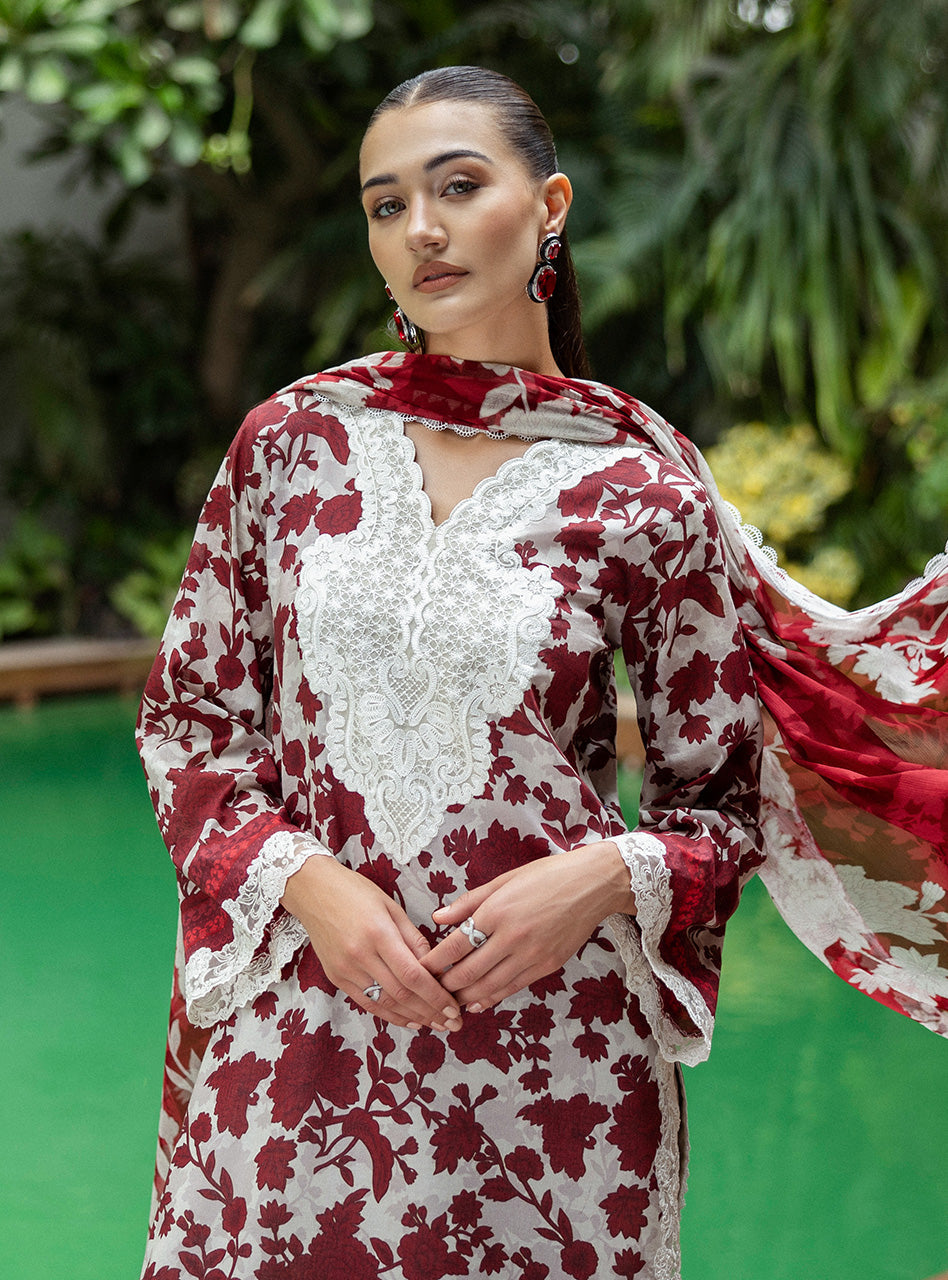 Zainab Chottani Gray Maroon Tahra Embroidered Lawn 3piece Unstitched