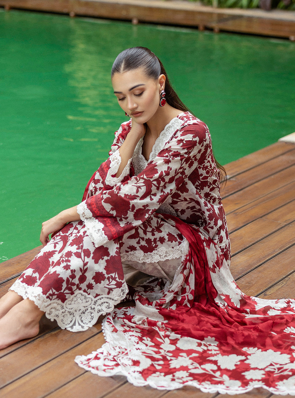 Zainab Chottani Gray Maroon Tahra Embroidered Lawn 3piece Unstitched