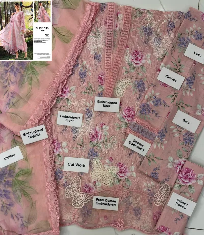 Maria B Butterfly Pink Full Printed Lawn Summer'26 Embroidered 3Piece Unstitched