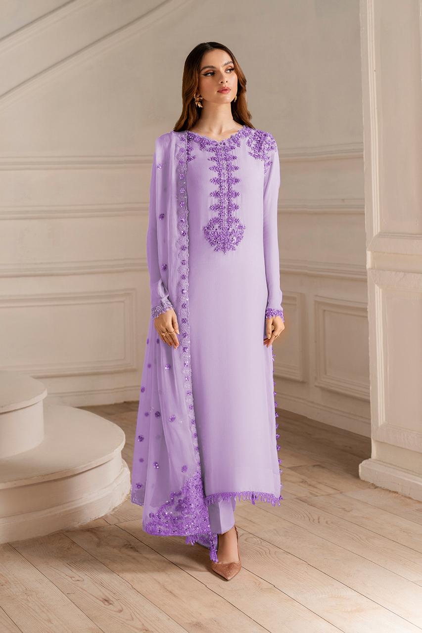 Iznik Lilac Chiffon Embroidery Hand Work 3Piece Unstitched
