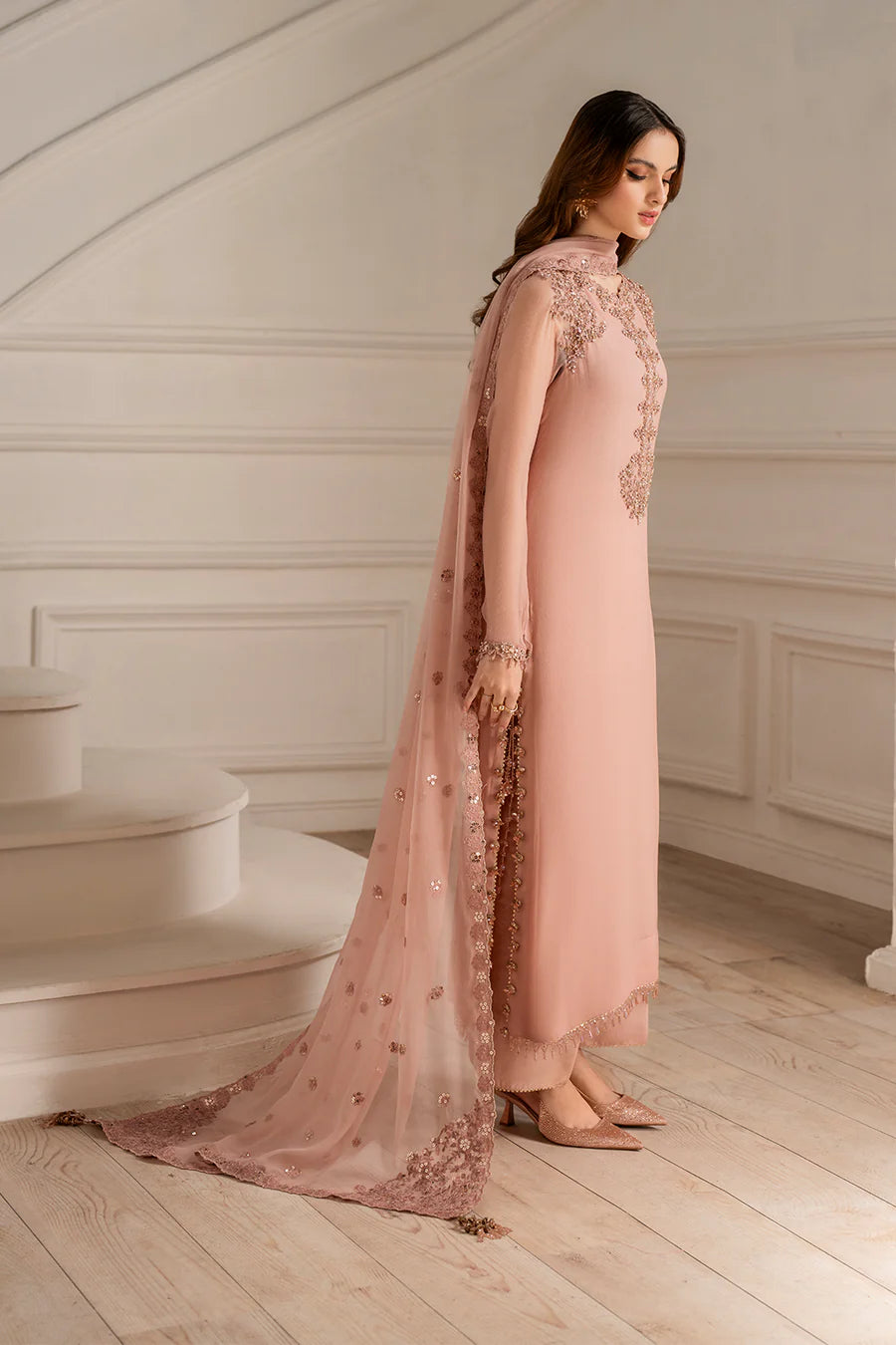 Iznik Tea Pink Chiffon Embroidery Hand Work 3Piece Unstitched