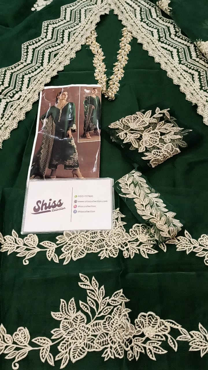 Zarsha Bottel Green Silk Hand Work Party Wear Collection 3pc Unstitched  SC-1324