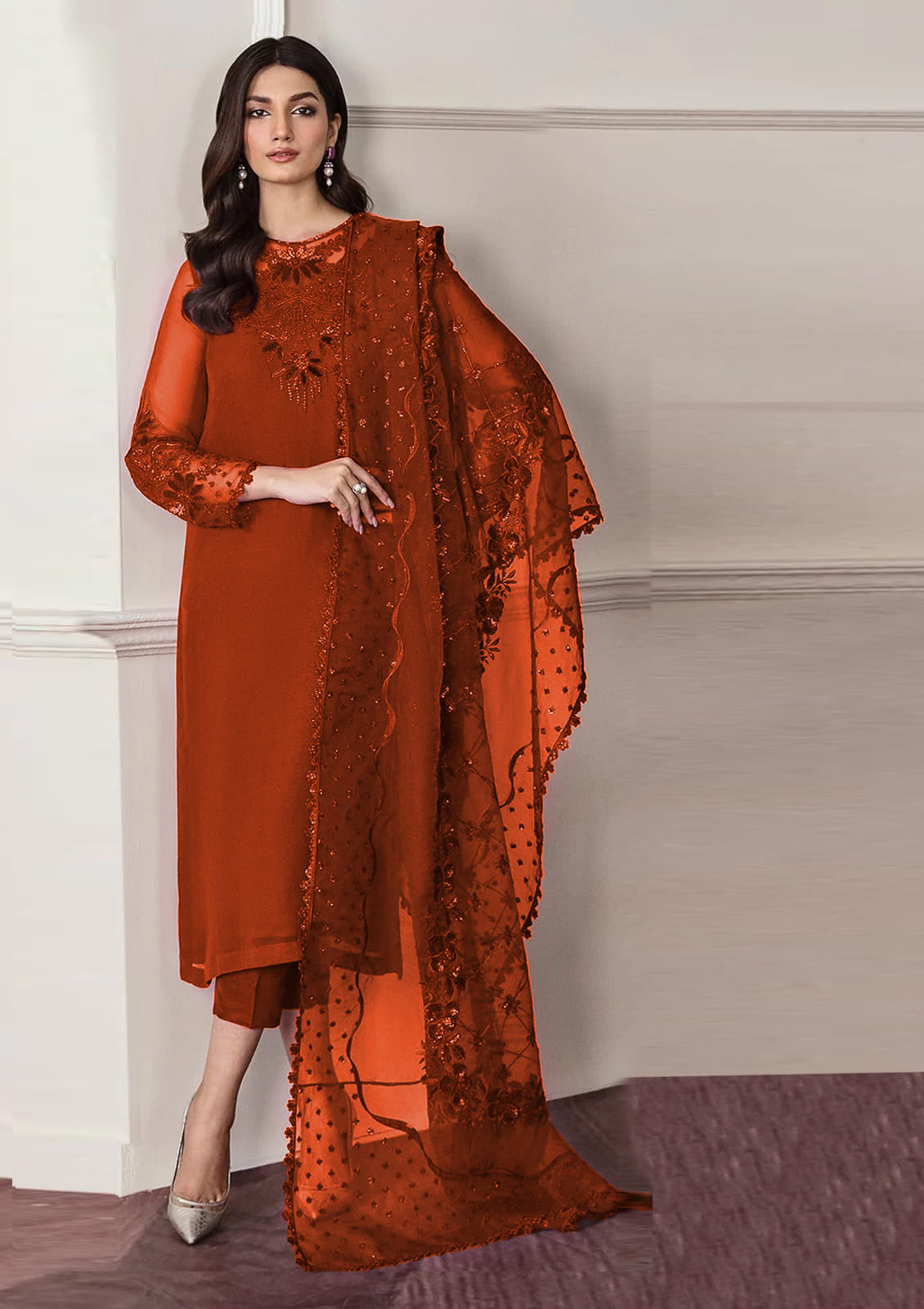 Baroque Rust Chiffon Formal & Party Wear Collection 4pc SC 1055