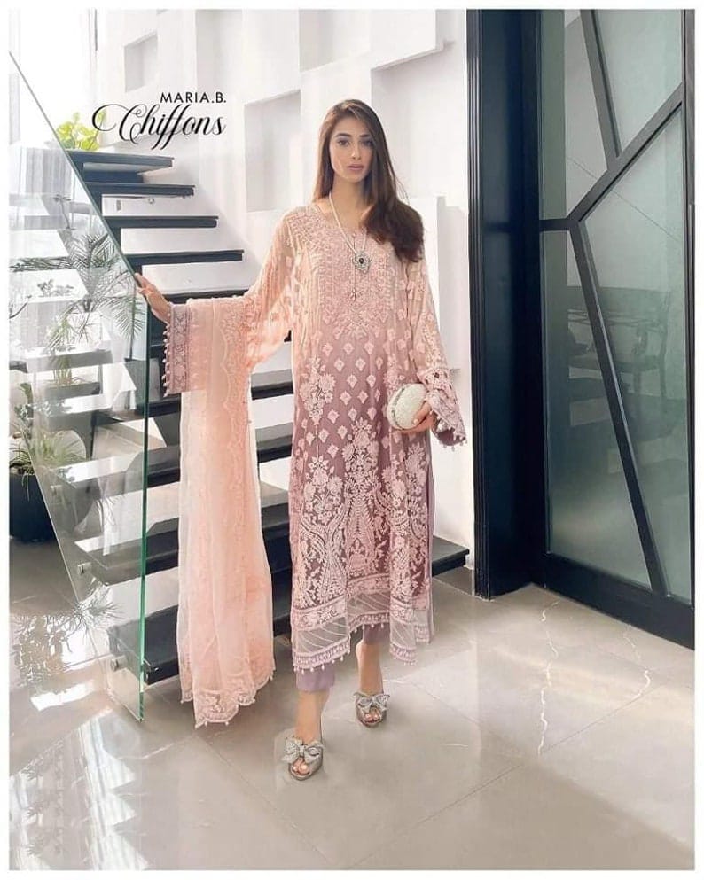 Maria B Peach Formal Collection Chiffon Dress 3pc Hand Work SC 1179