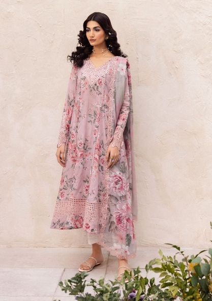 Iznik Pink Pure Lawn Chikankari Embroidery Dress Chiffon Duptta