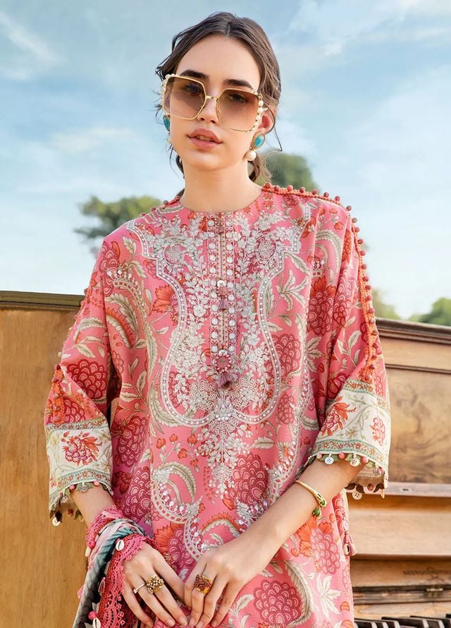 M.B Pink printed Lawn Embroidery Duptta 3pc Unstitched Dress SC-1263
