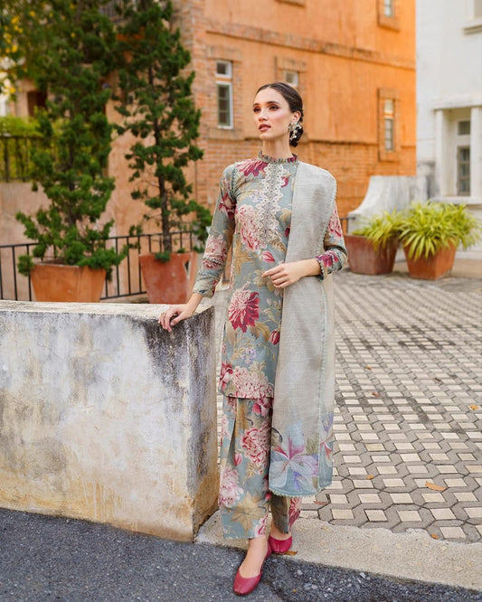 Iznik Sky Multi Flower Digital Print Full Suit & Embroidery Dress