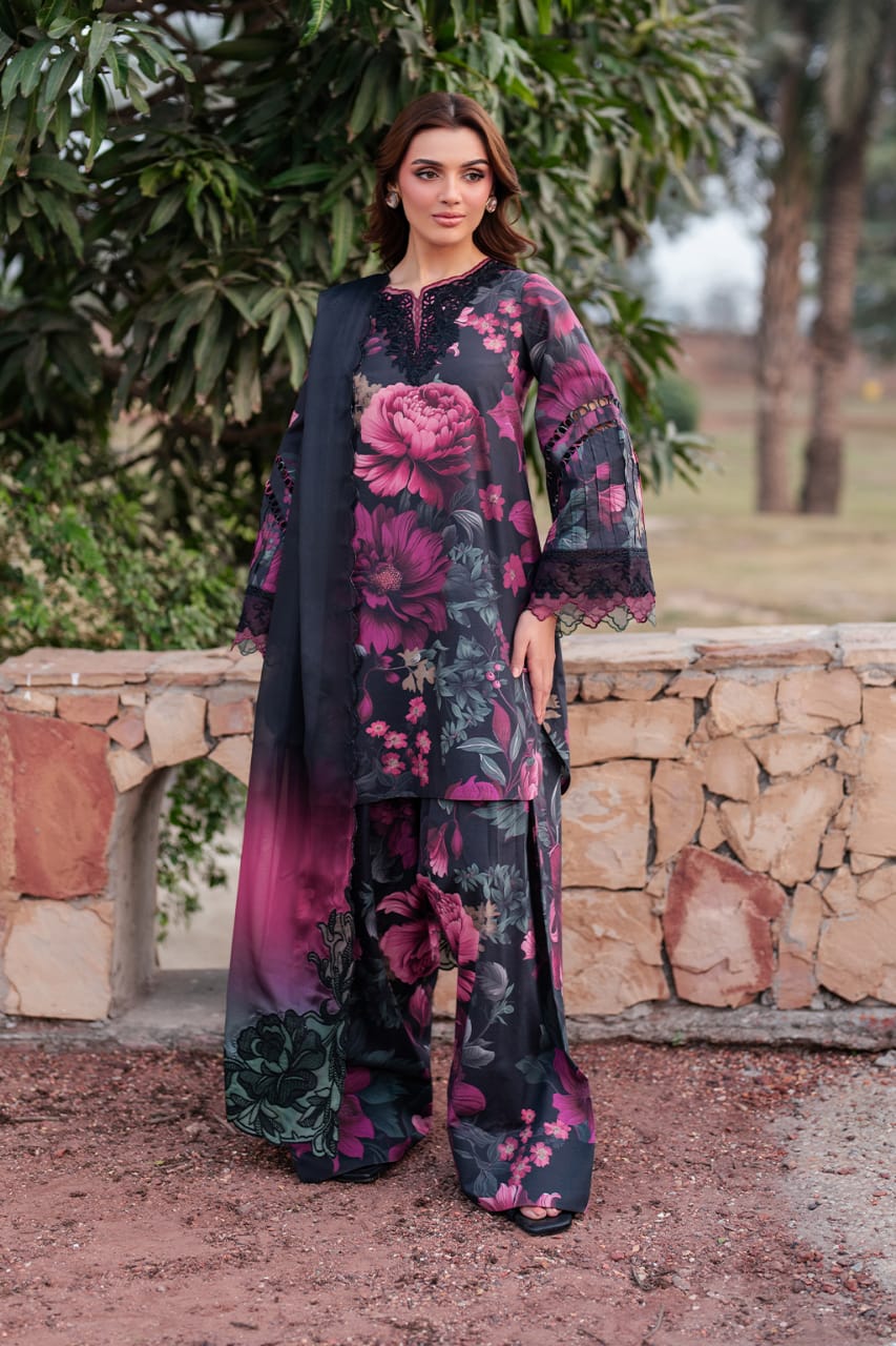 Iznik Black Purple Floral Digital Printed Lawn With Chiffon Duptta Emb Unstitched SC-1317