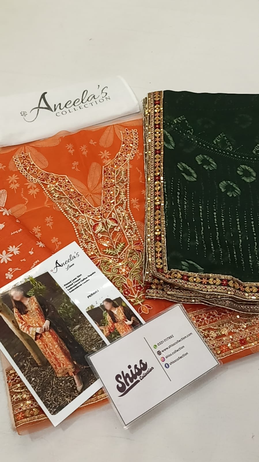 Aneela' Green Orange Printed Luxury Lawn Embroidered 3Piece Unstitched