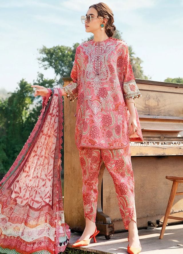 M.B Pink printed Lawn Embroidery Duptta 3pc Unstitched Dress SC-1263